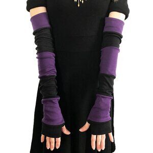 ORGANIC COTTON Long Striped Gloves Purple Hand Warmers Black Armwarmer Patchwork